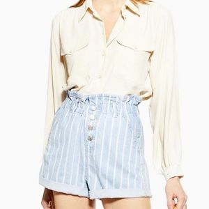 Topshop paper bag waist striped denim shorts